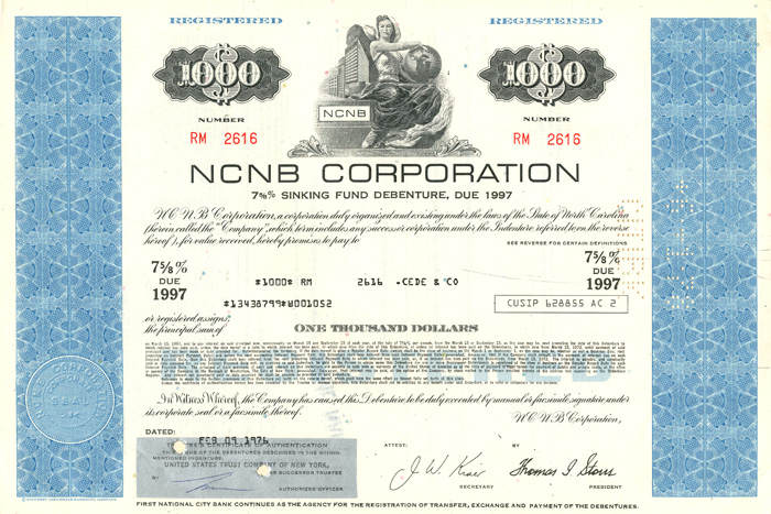 NCNB Corporation - North Carolina National Bank - Banking Bond